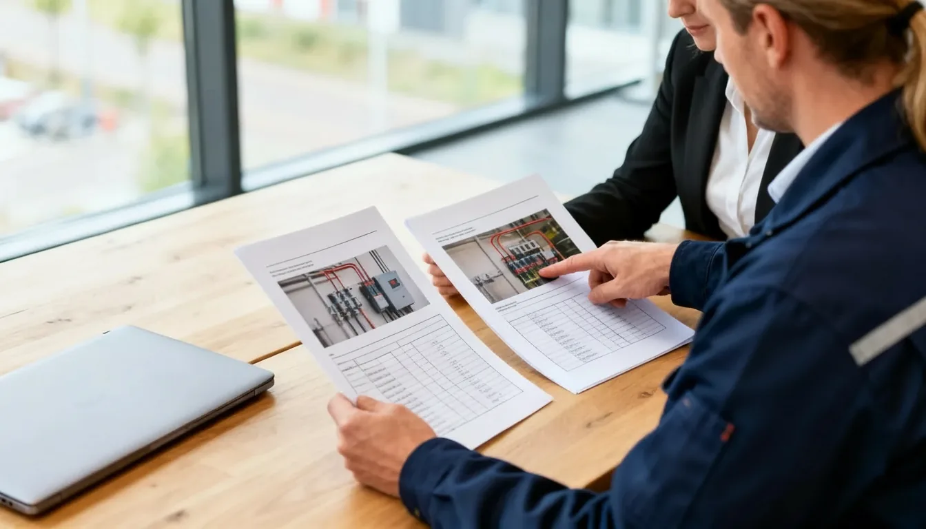 Inspecteur en opdrachtgever vergelijken aan tafel twee technische rapporten met foto's en tabellen