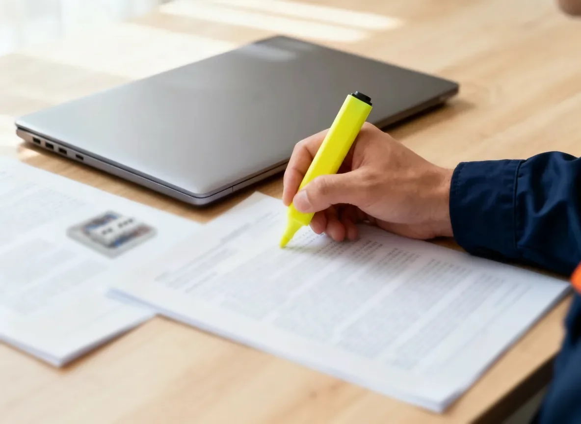 Inspecteur markeert met een gele markeerstift passages in een geprint technisch rapport naast een tweede rapport