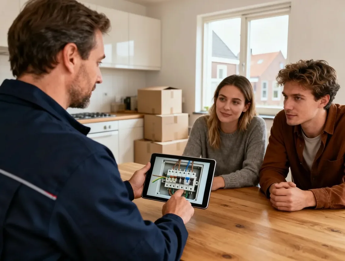 Inspecteur bespreekt aan de keukentafel tussen verhuisdozen foto's van de groepenkast met de nieuwe eigenaren