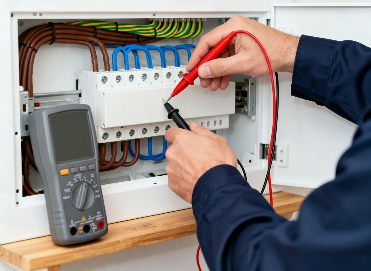 Inspecteur meet met testpennen aan de aansluitklemmen van installatieautomaten in een groepenkast