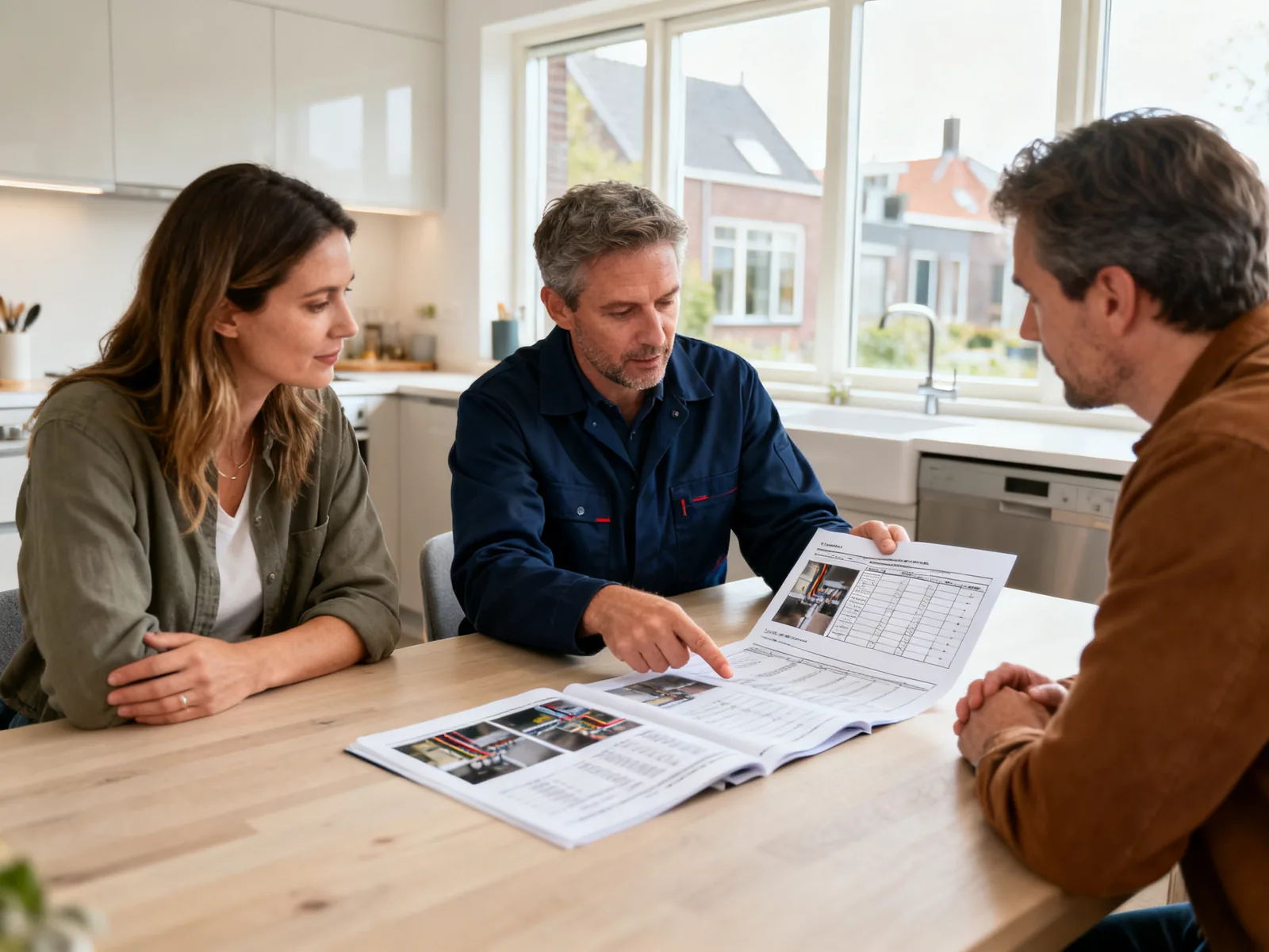 Inspecteur licht aan de keukentafel een technisch rapport met foto's en tabellen toe aan twee bewoners