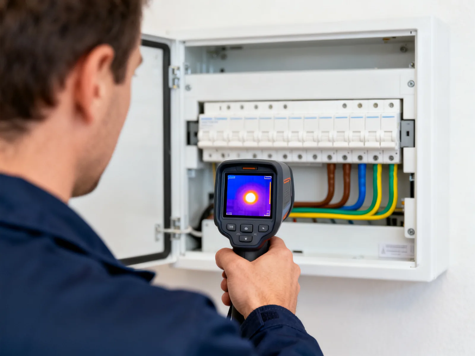 Inspecteur richt een warmtebeeldcamera op een groepenkast; het scherm toont een hotspot bij één installatieautomaat