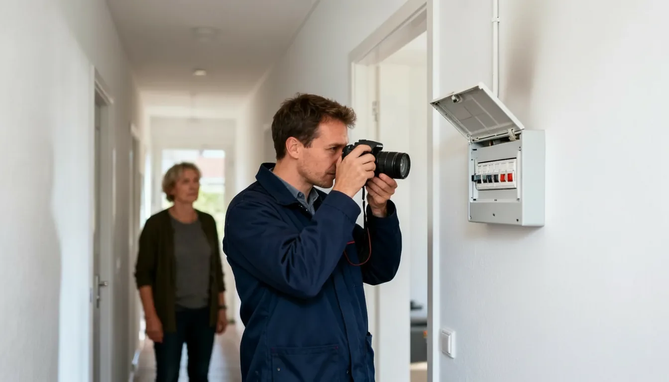 Inspecteur fotografeert een geopende groepenkast in een gang om de schade voor de verzekeraar vast te leggen