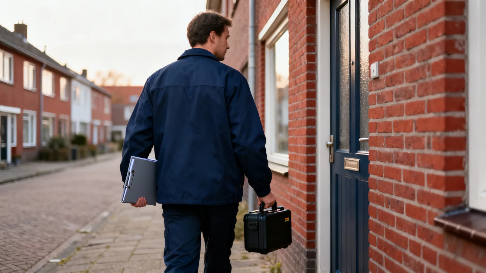 Inspecteur van Elektra Experts loopt met een documentmap en meetkoffer naar de voordeur van een rijtjeswoning