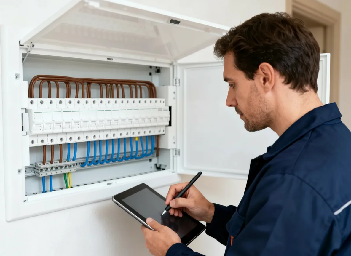 Inspecteur noteert op een tablet zijn bevindingen naast een geopende groepenkast in een woning