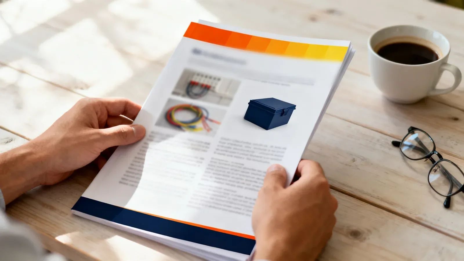 Handen bladeren door een geprint technisch rapport met een oranje-gele balk en een navy voettekst op een houten tafel