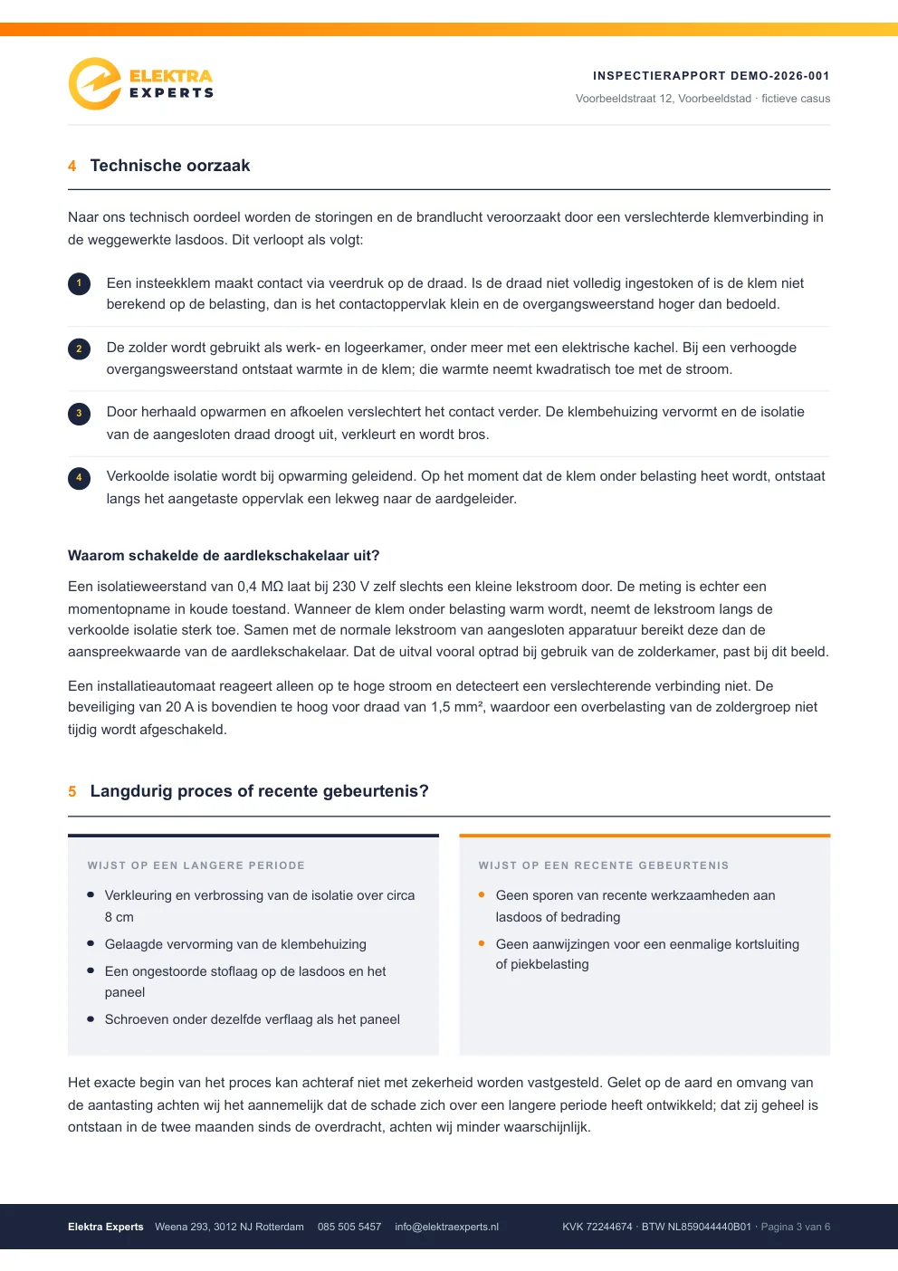 Pagina 3 van het voorbeeldrapport: de technische oorzaak in vier stappen en de afweging langdurig of recent