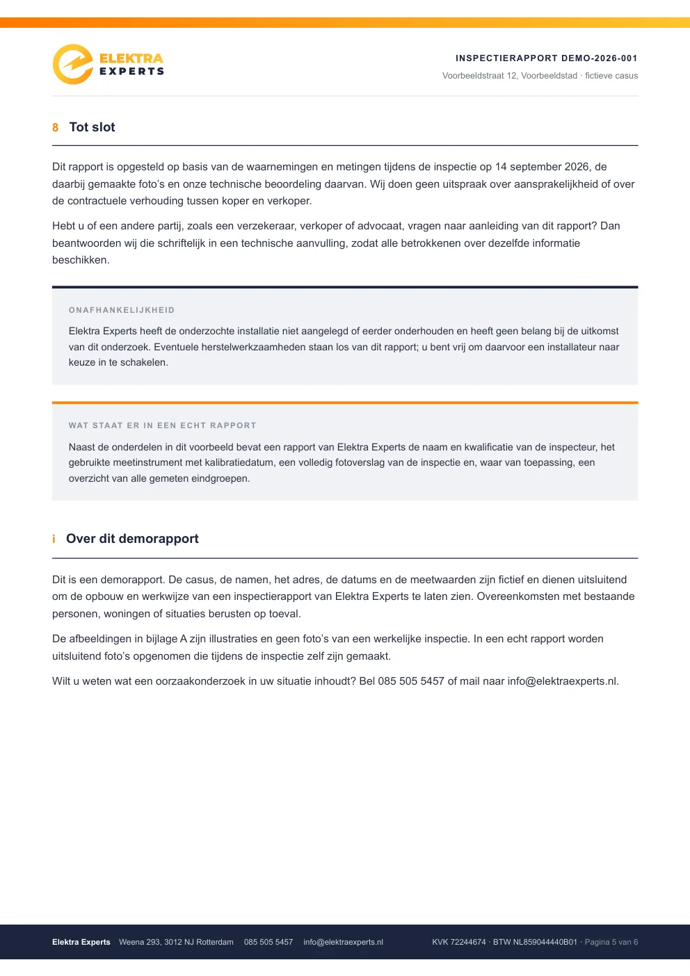 Pagina 5 van het voorbeeldrapport: tot slot, onafhankelijkheid en uitleg over dit demorapport